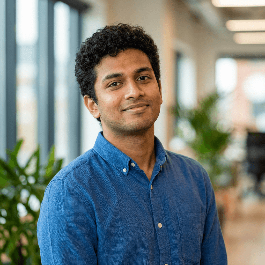Rajiv Mehta in a collared shirt in a bright office