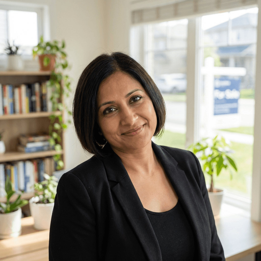 Priya Sharma, a confident landlord in her mid 30s, South Asian, professional style