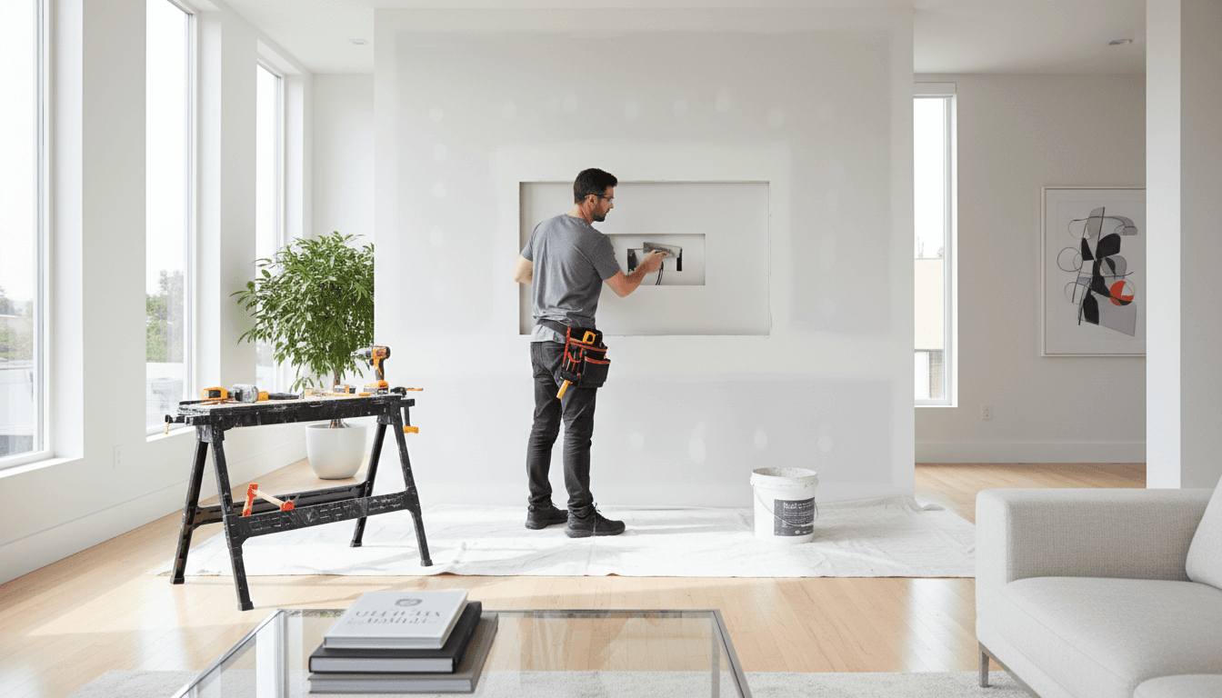Professional handyman repairing a wall in a bright modern home interior