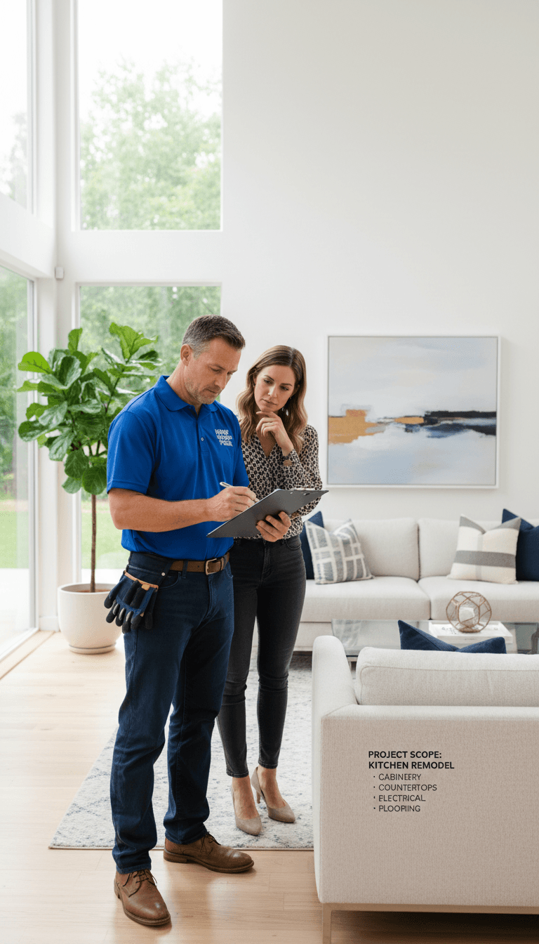 Handyman discussing a repair job with a homeowner in a bright living room