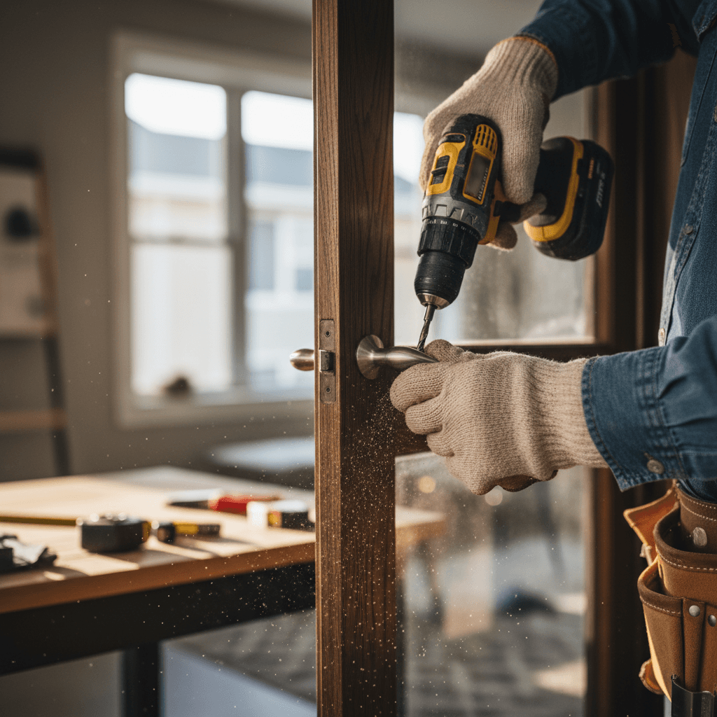 Handyman using a drill during a repair in a bright Toronto home