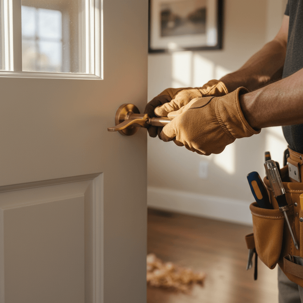 Professional handyman repairing a door hinge in a Toronto home