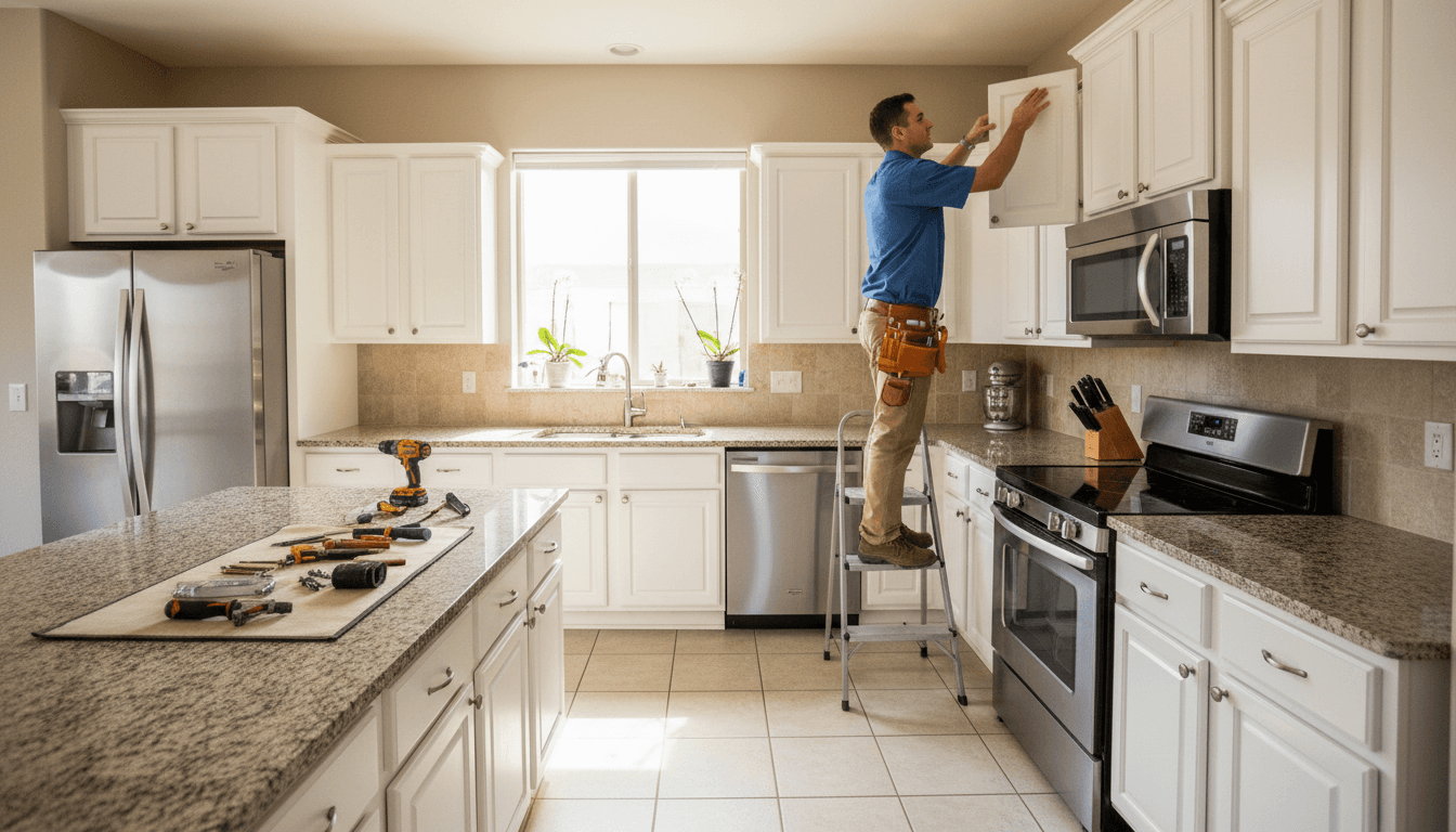 Professional handyman talking with a homeowner in a bright kitchen